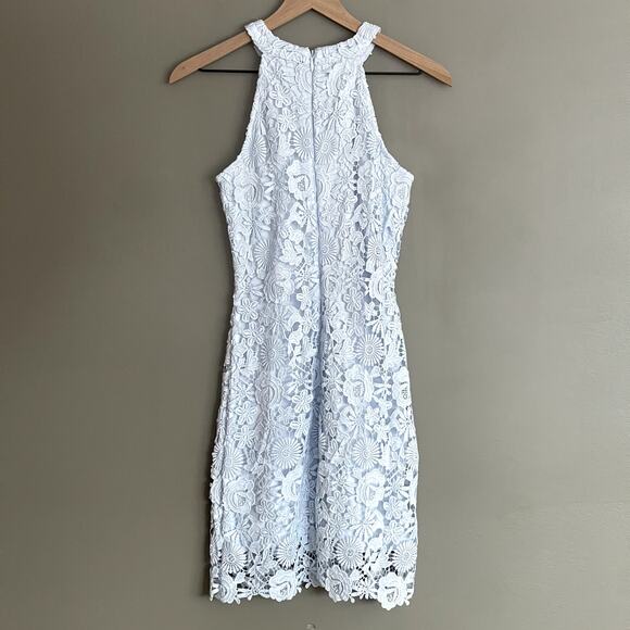 Lulu's Love Poem Light Blue Lace Mini Dress Size Small Halter Crochet Cocktail - Picture 12 of 16